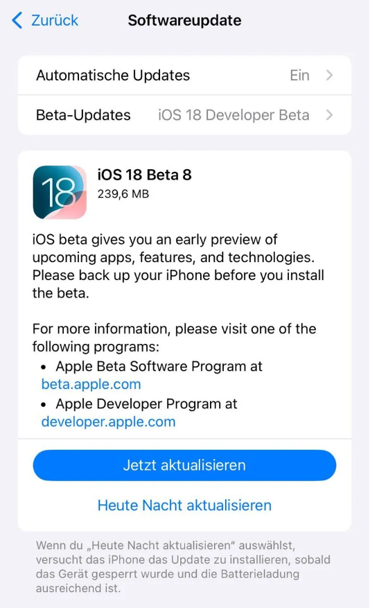 芝罘苹果手机维修分享苹果 iOS / iPadOS 18 开发者预览版 Beta 8 发布 